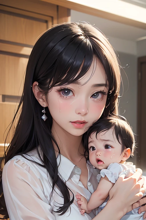 ((Best Quality)), ((傑Best Quality、masterpiece、High sensitivity、 high definition、 Detailed Description 、 Delicate Face Description)), Slender woman、Young Mom、A crying baby、Hold、