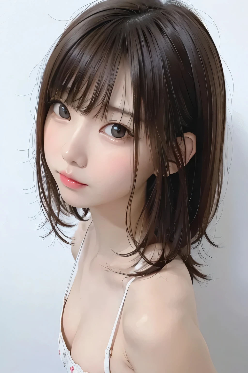 (masterpiece、Best Quality、 Super detailed description、 ultra high resolution)、( Portrait Shooting :1.3)、 girl、solo、((small chest))、cute、 idol face、 simple white background、Stand with your back against a wall、front view