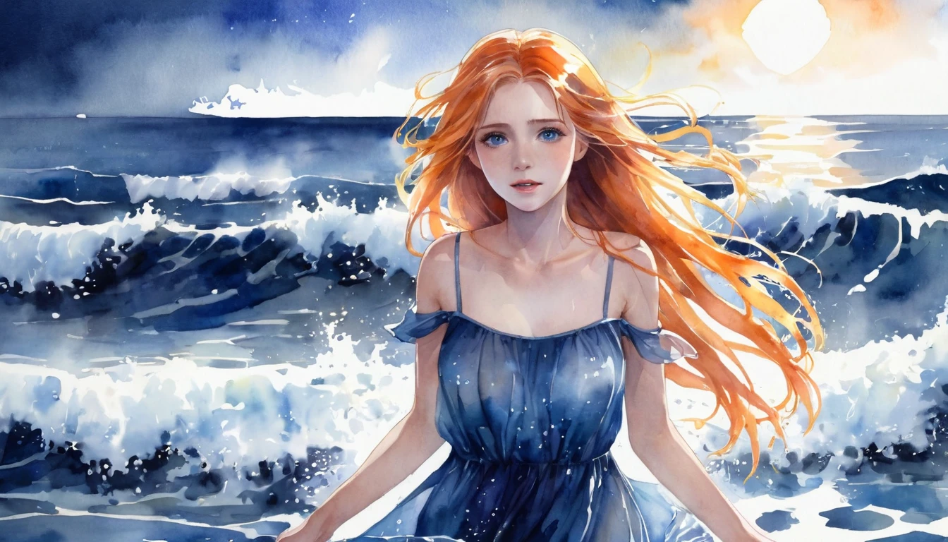 (masterpiece, Best quality), ((1 girl, One, long hair)), Ishmael_limb, Expression of innocence, bare hands, bare shoulders, bare neck, Watercolor, sundress, liquid clothing, Water, waves, Water dress, blue_topic, night, fog, Dark, sharp focus, Sea, a transparent dress, orange hair