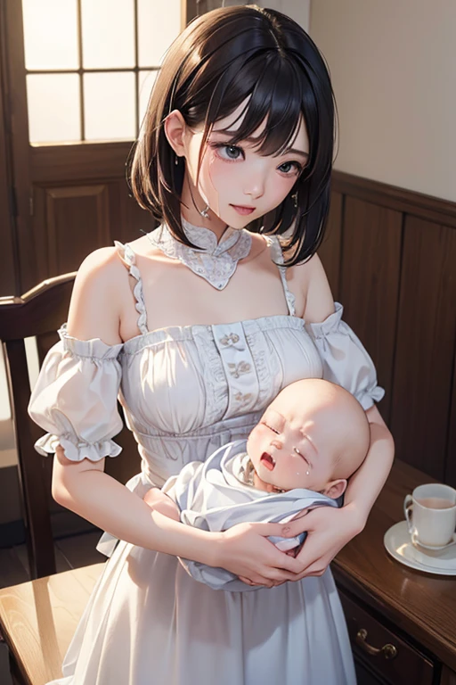 ((Best Quality)), ((傑Best Quality、masterpiece、High sensitivity、 high definition、 Detailed Description 、 Delicate Face Description)), Slender woman、A crying baby、Hold、