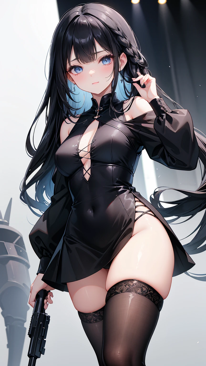 Blue Themes, Masterpiece, magical little girl, (Impossible clothes:1.5), Superskirt, Gradient background, Silver blue hair, , Blunt bangs,side locks, Pink eyes, (ulzang-6500-v1.1:0.9), Medium breasts, Breasts, thigh gap, hair adornments, Arched back, black_witch_Hat,Intricate_decor,mistic_The fountain,Glowing_crystals