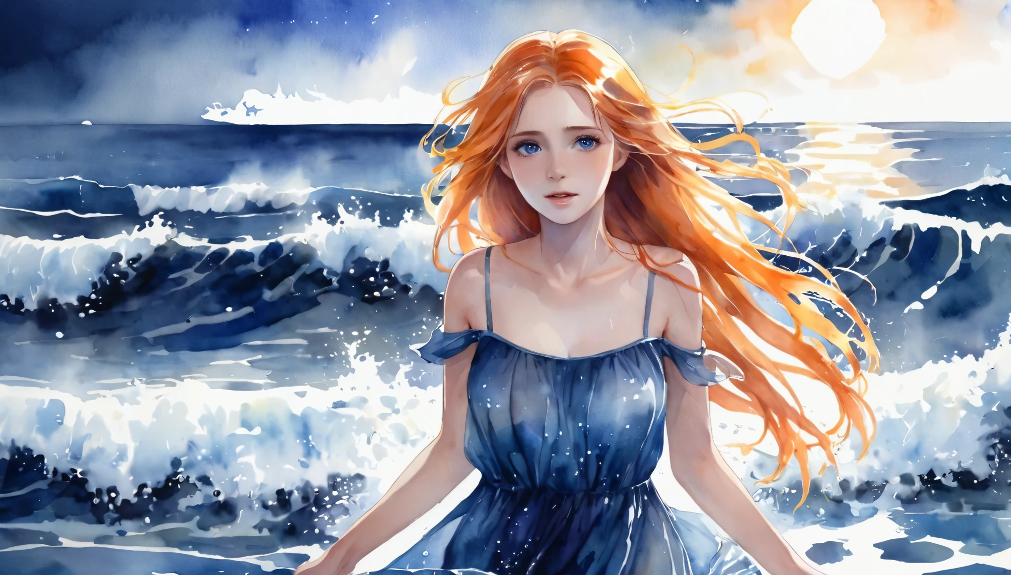 (masterpiece, Best quality), ((1 girl, One, long hair)), Ishmael_limb, Expression of innocence, bare hands, bare shoulders, bare neck, Watercolor, sundress, liquid clothing, Water, waves, Water dress, blue_topic, night, fog, Dark, sharp focus, Sea, a transparent dress, orange hair