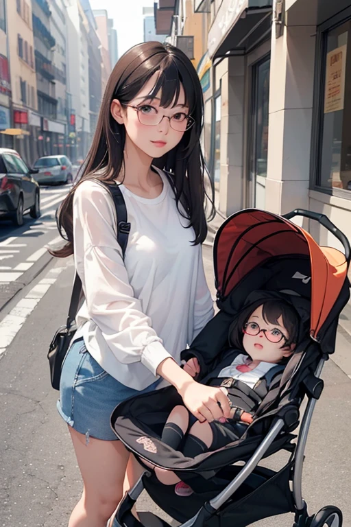 ((Best Quality)), ((傑Best Quality、masterpiece、High sensitivity、 high definition、 Detailed Description 、 Delicate Face Description)), Slender woman、Glasses、 young mom in a stroller、ベビーカーで、stroll、