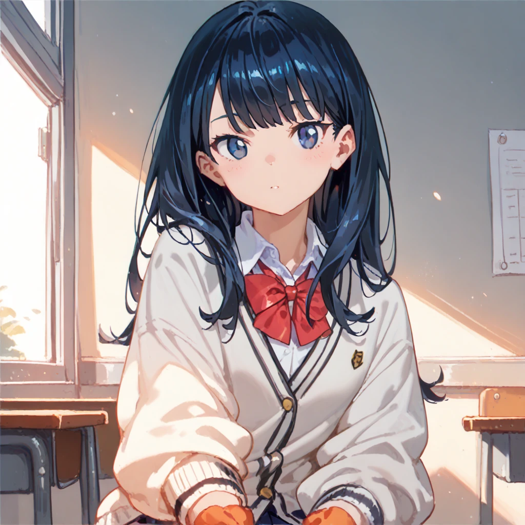 Takarada Rikka ,  blue eyes, Black Hair, Long Hair, Bang , school uniform,  white cardigan,  Black Miniskirt ,  Red Bowtie ,  Orange Wrist Scrunch , shiny  skin,  shiny , 1 girl, 