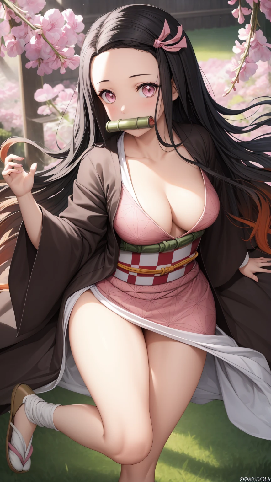 masterpiece, best quality, highly detailed, ultra high res, (photorealistic:1.8), unreal_engine, photograph, realistic_skin_texture, nezuko, kamado nezuko, 1girl, solo, long hair, black hair, pink eyes, multicolored hair, hair ribbon, (bamboo gag, bite gag), portrait, looking at viewer, seductive smile, pink kimono, own hands together, rialistic photo、Real Images、Top image quality、​masterpiece, (Pink kimono), seductived faced, good lighting, beautiful thigh、adult appeal、Adults、Big、cleavage, finely detail, ​masterpiece,I can see my panties、 radiant eyes, 1girl in, A dark-haired, SUCK, Kamado Nezuko, wisteria background, ​masterpiece, top-quality, POV, Take off kimono, undressing kimono, nipples shot,
