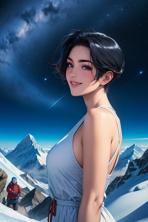 Everest summit 、Under the stars、 facing the front and smiling、The girl with short hair is basking in the wind with her whole body 