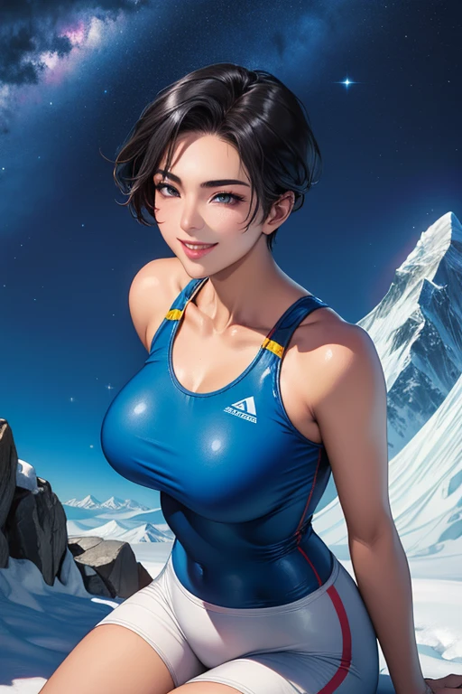 Everest summit 、Under the stars、 facing the front and smiling、The girl with short hair is basking in the wind with her whole body 