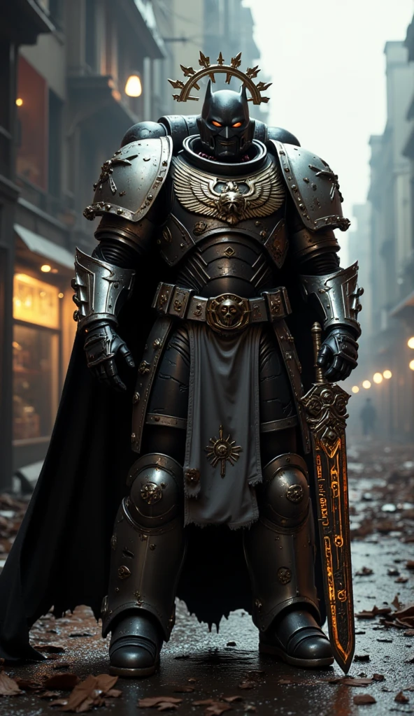 The hyper detail, armed supperhero, the astartes Batman with metallic, Strengthen Warhammer 40k space marine inspired power armor, the cloak, the face mask, golden emblem on chest, detail decoration chain sword, the metal annulus with ray behind head. standing on the street in chaos dystopian city background at dawn. His helmet is marked with runes, chain sword hangs on hand, glowing faintly with enchanted, golden runes. detail background, straight on angle shot, Full body shot, closed-up, ultra-realistic 32k resolution, official art styled digital painting, intricate armor engravings catching realistic lighting, film grain texture overlay, reversal film effect, high quality, detailed realistic background with scattered futuristic debris, shadowed craters, misty atmosphere, cinematic.