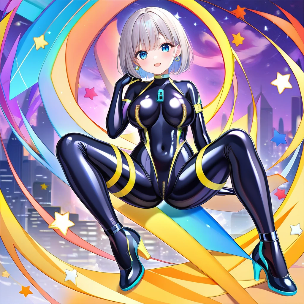 (Multiple girls),(最High image quality, 8k, masterpiece:1.3), (24 years old:1.5), (Grey Hair), ( bob cut ), (Oblique sky blue eyes), (( full body rubber suit 、blue、yellow line、colorful、no zipper 、rubber suit glossy 、Perfect fit、Full body shot、 look at this while sitting、City、Night view)), ([Ultra Clear:1.5), ( Shiny Skin:1.1),(Pale skin:1.1),High image quality、Clear contours