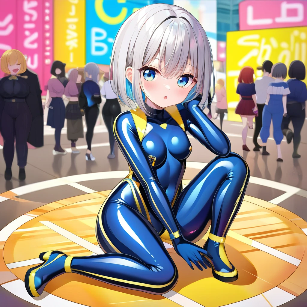 (Multiple girls),(最High image quality, 8k, masterpiece:1.3), (24 years old:1.5), (Grey Hair), ( bob cut ), (Oblique sky blue eyes), (( full body rubber suit 、blue、yellow line、colorful、no zipper 、rubber suit glossy 、Perfect fit、Full body shot、 look at this while sitting、City、Night view)), ([Ultra Clear:1.5), ( Shiny Skin:1.1),(Pale skin:1.1),High image quality、Clear contours