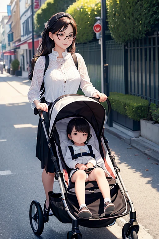 ((Best Quality)), ((傑Best Quality、masterpiece、High sensitivity、 high definition、 Detailed Description 、 Delicate Face Description)), Slender woman、Glasses、 young mom in a stroller、With a stroller、stroll、
