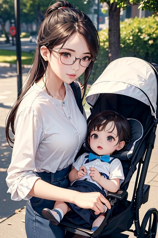 ((Best Quality)), ((傑Best Quality、masterpiece、High sensitivity、 high definition、 Detailed Description 、 Delicate Face Description)), Slender woman、Glasses、 young mom in a stroller、With a stroller、stroll、
