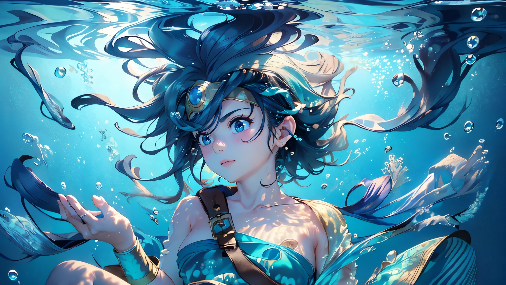 (masterpiece)、(Highest quality)、Very detailed、Perfect Face、(Solo upper body shot:1.3)、(Underwater:1.4)、Ocean、Light、bubble、From Adobe、Oceanの藻、(深Ocean:1.4)、Blue leotard、Dynamic pose、Sitting cross-legged、Ocean底、Floating objects、Black Hair、Long Hair、Swinging Hair、Shortness of breath