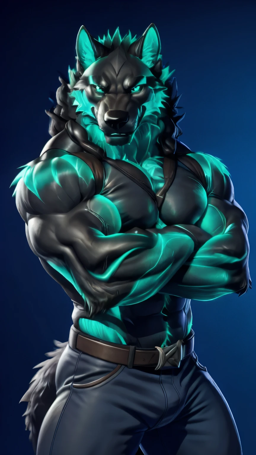 cerberus, 4k, high resolution, best quality, posted on e621, solo, anthro body, mane, male, bare chest, very masculine, (very muscular, strong pectorals, big pecs, muscular arms, heavyweight:1.2), correct anatomy, (dark background, black background, featureless background no background:1.2), (by wfa:0.6), (by spelunker_sal:0.6), (taran fiddler anatomy:1.0), (black pants:1.0), (detailed eyes, green eyes:1.2), (detailed shading, photorealistic shading, masterpiece:1.2), confident, proud, strong pose, (veins, vascular:1.1), angry eyes, furrowed brow, smile, looking at viewer, wolf tail, (close-up, half body, front view, head, face, chest), shirtless, arms crossed