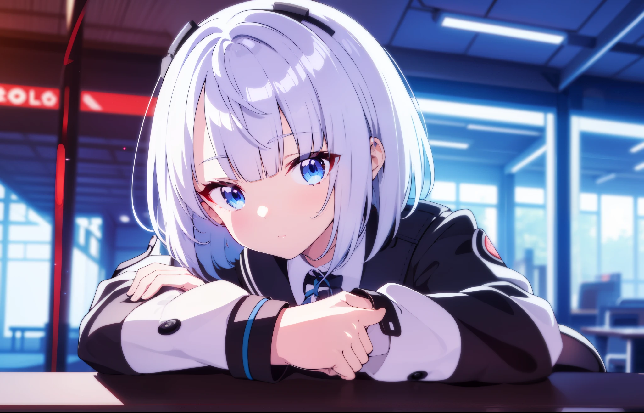 Vtuber white hair blue eyes school uniform beautiful girl great image quality perfect anatomy perfect hands great quality of detail in room streaming neon LED lights 