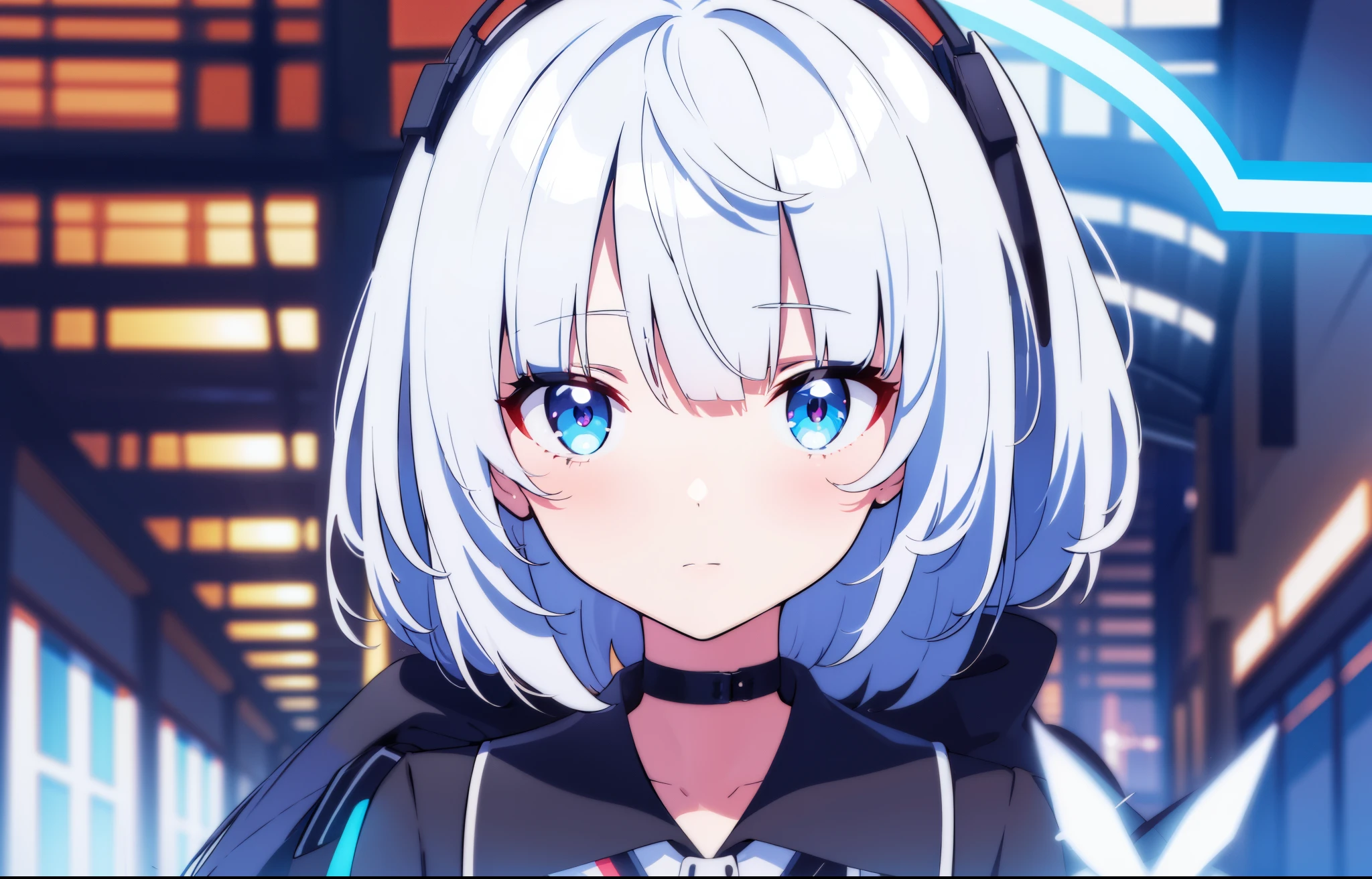 One Girl VTuber Long White Hair Blue Eyes School Uniform Beautiful Girl Great Image Quality Perfect Anatomy Perfect Hands Great Quality of Detail in Habicion Streaming Neon LED Lights