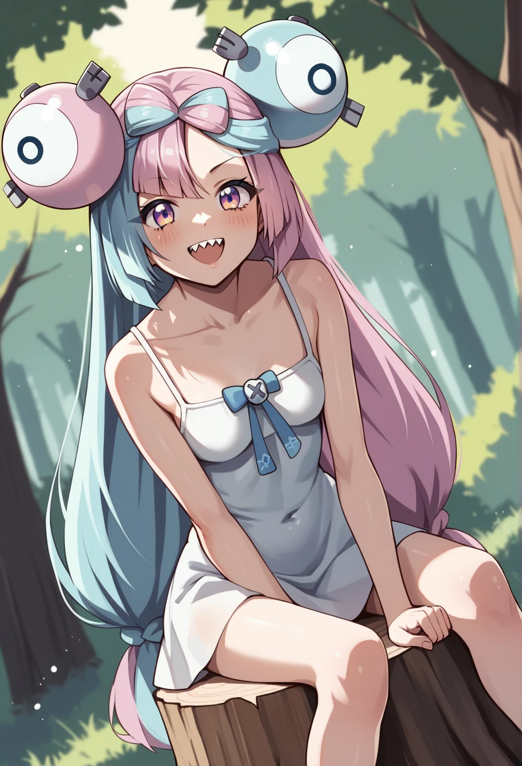 BREAK Those_Anime-Series, (pokemon iono, blue hair, bow-shaped hair, character hair ornament, hair ornament, long hair, low-tied long hair, multicolored hair, pink hair, sharp teeth, split-color hair, twintails, two-tone hair, pink eyes, , small breasts,   forest, sundress, white dress, smile, open mouth, sitting, tree stump,