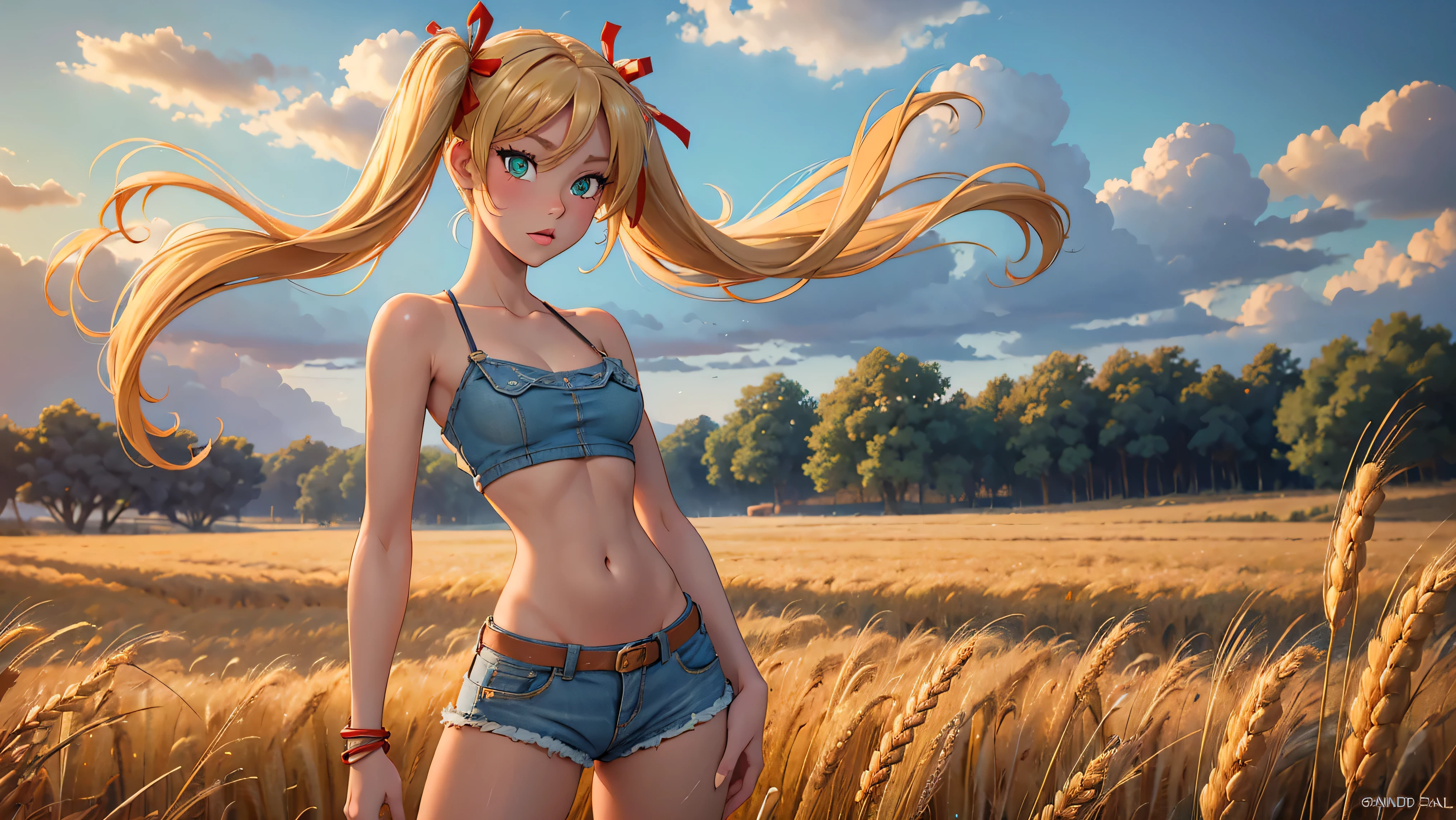 1girl, solo, (masterpiece, best quality, High Detail, 8K), blonde, long wavy hair, twintails with red ribbons in hair, dark tanned skin, extremely sexy, bikini tan, large breasts, Head to hips shot, Full body shot, cowboy shot, skinny, large green eyes, ((thin waist, small hips, long torso)), ((Dean Yeagle Style - Mandy)), wearing cutoff bluejean short-shorts, country girl, standing in a wheat field, farm background, wheat field,