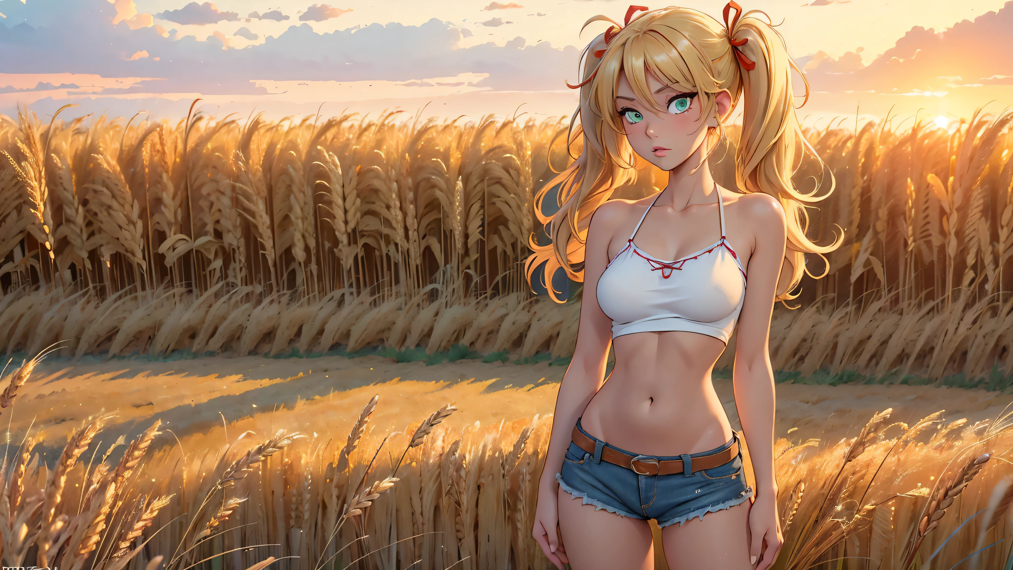 1girl, solo, (masterpiece, best quality, High Detail, 8K), blonde, long wavy hair, twintails with red ribbons in hair, dark tanned skin, extremely sexy, bikini tan, large breasts, Head to hips shot, Full body shot, cowboy shot, skinny, large green eyes, ((thin waist, small hips, long torso)), ((Dean Yeagle Style - Mandy)), wearing cutoff bluejean short-shorts, country girl, standing in a wheat field, farm background, wheat field,