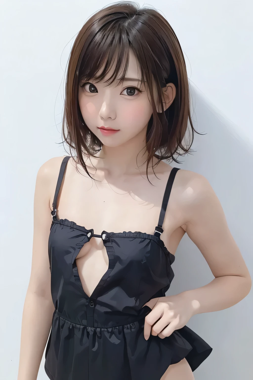 (masterpiece、Best Quality、 Super detailed description、 ultra high resolution)、( Portrait Shooting :1.3)、 girl、solo、((small chest))、cute、 idol face、 simple white background、Stand with your back against a wall、front view