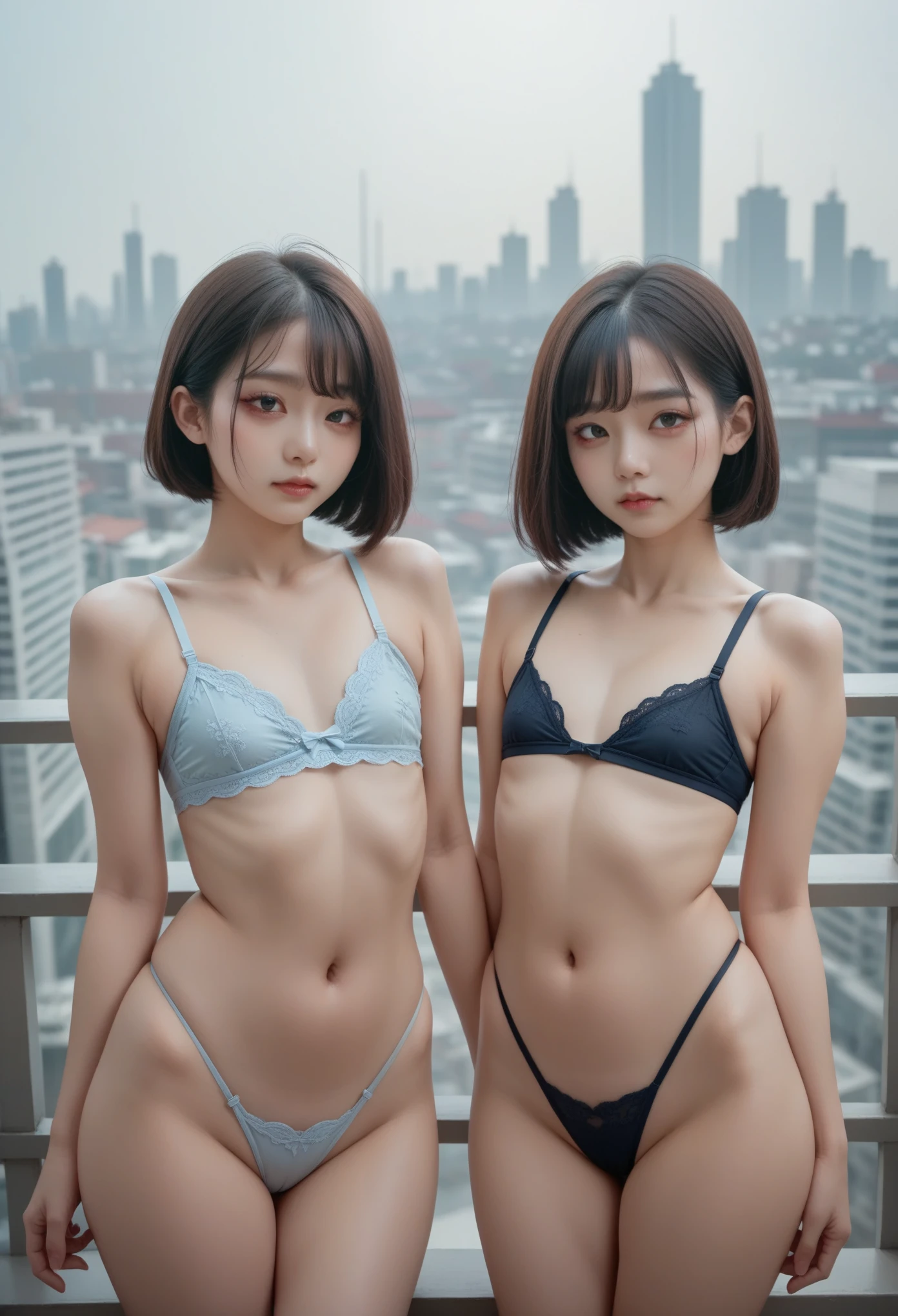 ( flat chest :1.3), wide hips,  Beautiful Korean Women , 적나라한 Bra, Wear underwear ,  Bra, Thong panties,  city, Light makeup,  Korean girl, I am tall, tall, The ratio is good,  short hair wave , small head