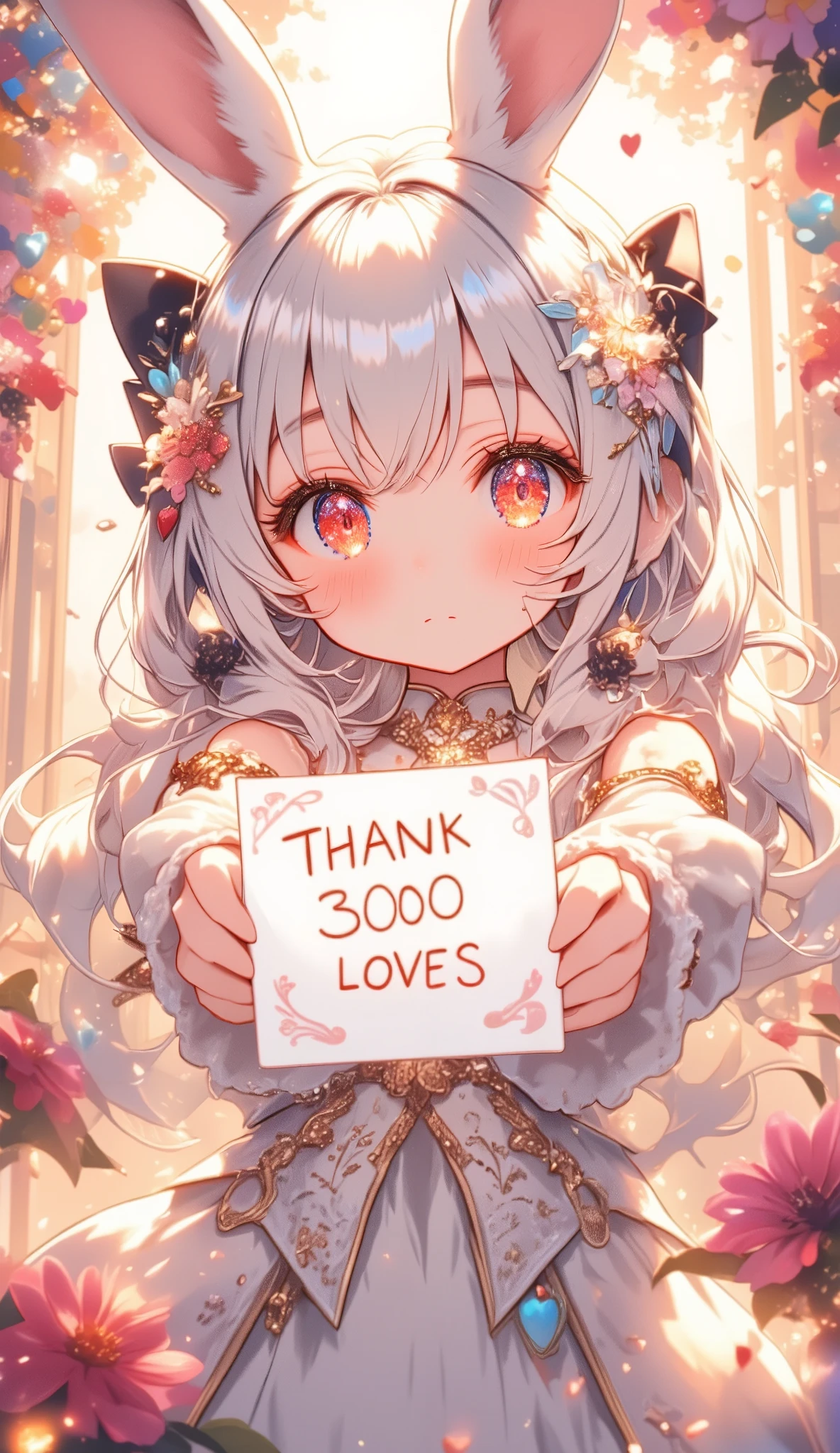 Cute anime-style chibi girl\(red eyes,white rabbit ears, wearing pretty white dress embroidered with shiny white silk, luxuriously braided long white hair, big black hair bow\) is holding out to viewer a cute love letter written “OWE YOU 3000 WITH LOVE” by cute FONT. The girl is surrounded by large multicolored realistic flowers of various kinds. many multicolored, metallic, shiny heart-shaped conffetis in the air. In the background is a cute garland. Beautiful and warm sparkles shine gently, creating a sweet and gentle mood.at party