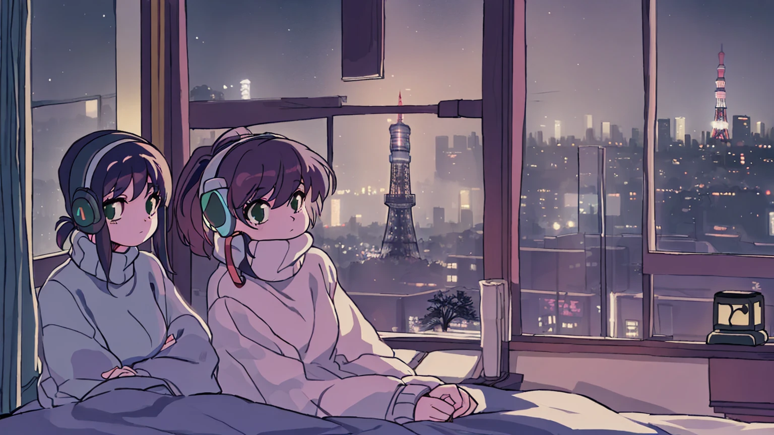 wearing a big sweater, ponytail, headband headphones, admiration, quiet, quiet atmosphere, chill, looking out the window in the bedroom,quiet night ,masterpiece, top quality, 8k, lo-fi, retro, chill , Tokyo night view, Tokyo Tower