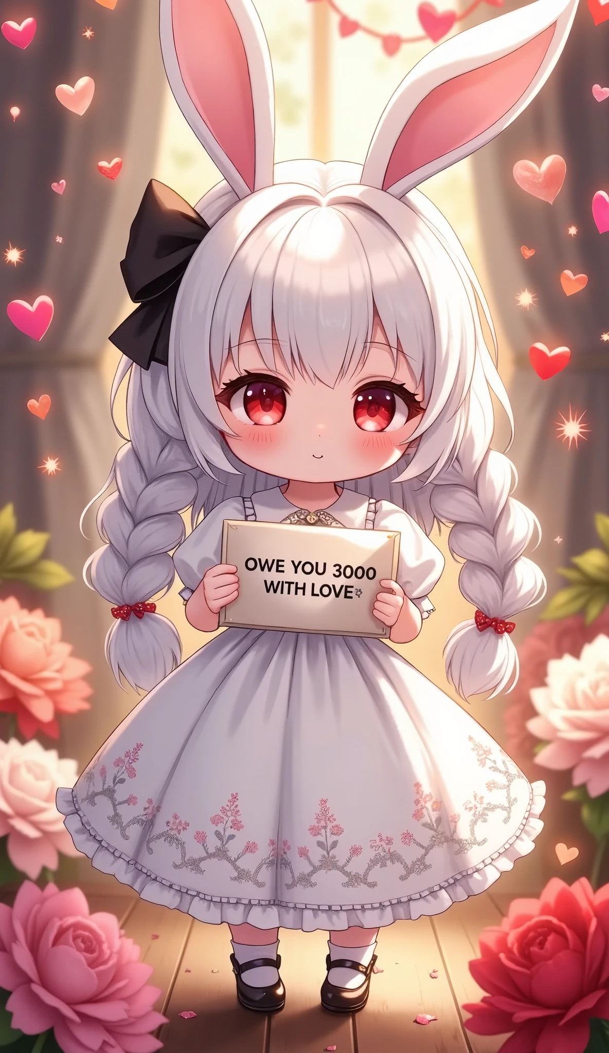 Cute anime-style chibi girl\(red eyes,white rabbit ears, wearing pretty white dress embroidered with shiny white silk, luxuriously braided long white hair, big black hair bow\) is holding out to viewer a cute love letter written “OWE YOU 3000 WITH LOVE” by cute FONT. The girl is surrounded by large multicolored realistic flowers of various kinds. many multicolored, metallic, shiny heart-shaped conffetis in the air. In the background is a cute garland. Beautiful and warm sparkles shine gently, creating a sweet and gentle mood.at party