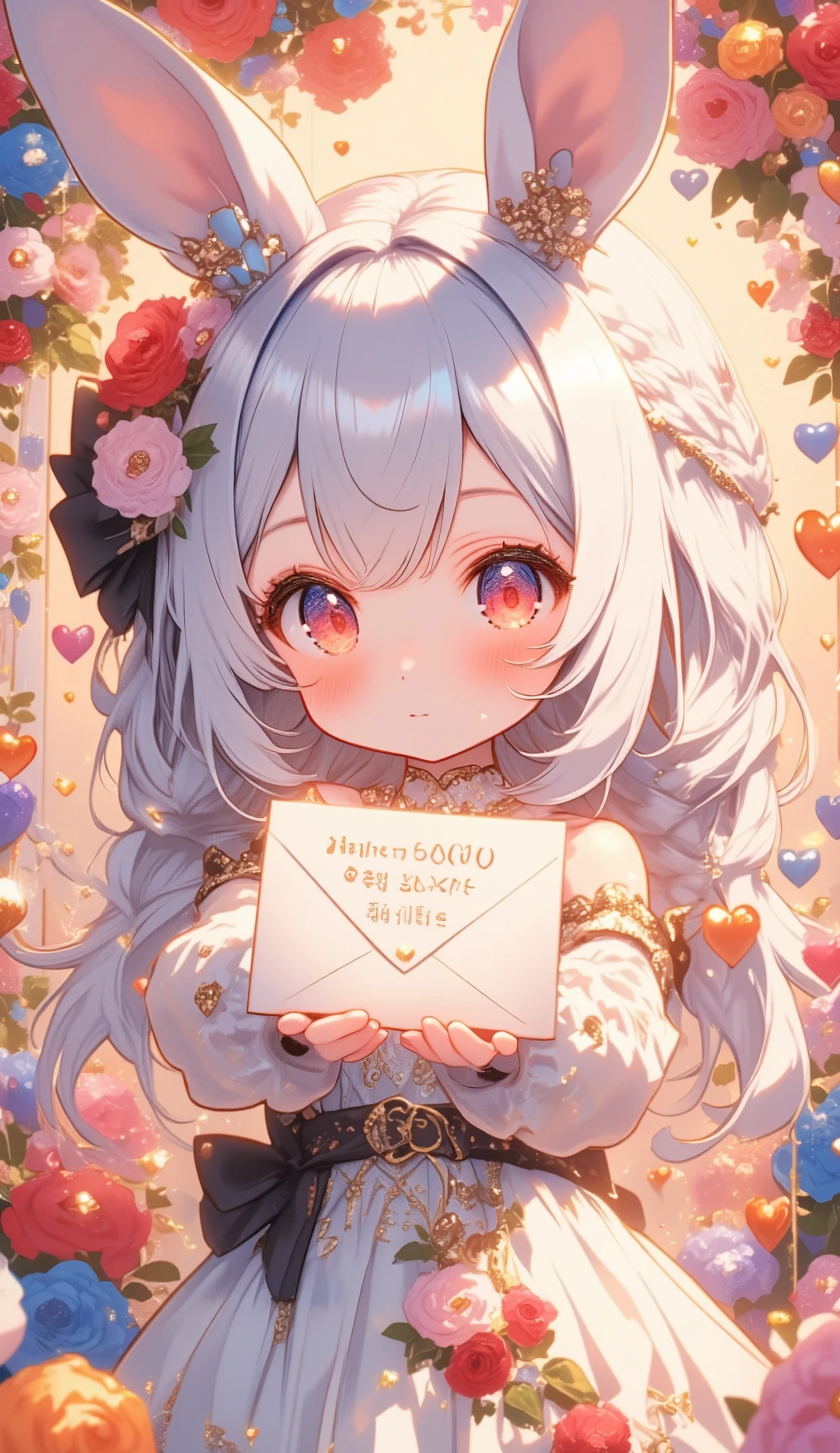 Cute anime-style chibi girl\(red eyes,white rabbit ears, wearing pretty white dress embroidered with shiny white silk, luxuriously braided long white hair, big black hair bow\) is holding out a cute envelope for love letter written “OWE YOU 3000 WITH LOVE” to viewer.close up shot of the girl. The girl is surrounded by large multicolored realistic flowers of various kinds. many multicolored, metallic, shiny heart-shaped conffetis in the air. In the background is a cute garland say. Beautiful and warm sparkles shine gently, creating a sweet and gentle mood.