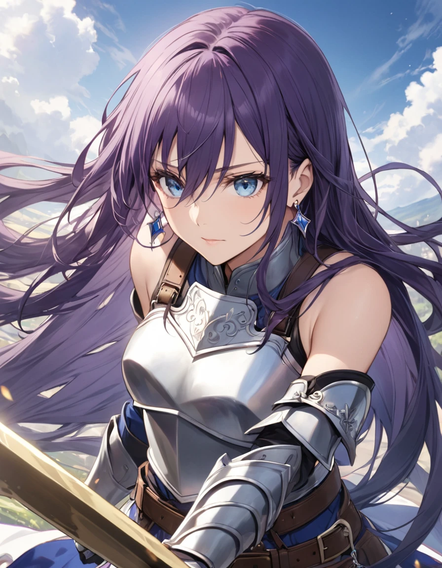  Arthur Pennsylvania、Long Hair、 blue eyes、 hair between eyes、非常にLong Hair、 purple hair、gloves、belt、armor、 garment cutout 、breastplate、Bare shoulders、 earrings for a woman alone、Ready your spear