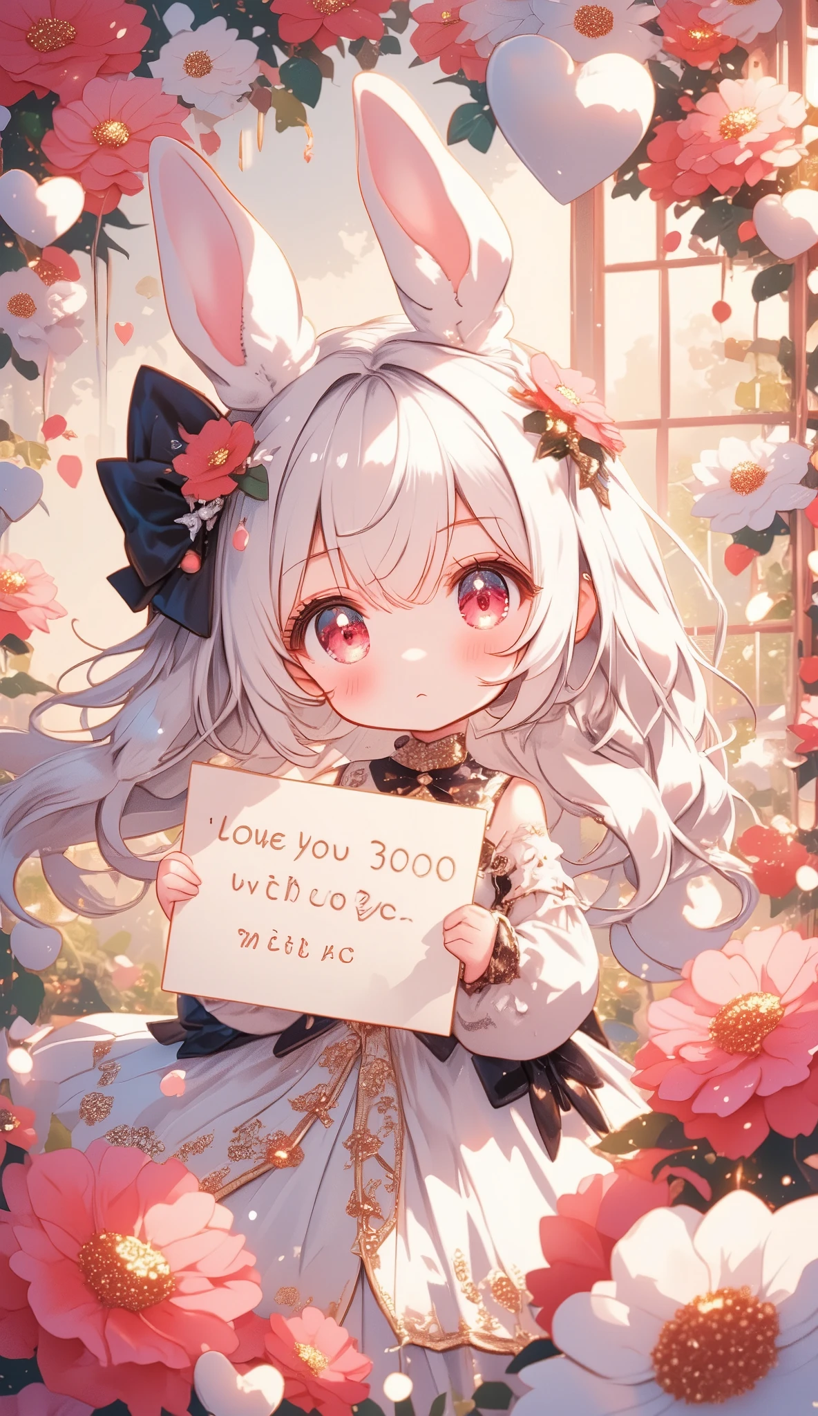 Cute anime-style chibi girl\(red eyes,white rabbit ears, wearing pretty white dress embroidered with shiny white silk, luxuriously braided long white hair, big black hair bow\) is holding out to viewer a cute love letter written “OWE YOU 3000 WITH LOVE” by cute FONT. The girl is surrounded by large multicolored realistic flowers of various kinds. many multicolored, metallic, shiny heart-shaped conffetis in the air. In the background is a cute garland. Beautiful and warm sparkles shine gently, creating a sweet and gentle mood.at party