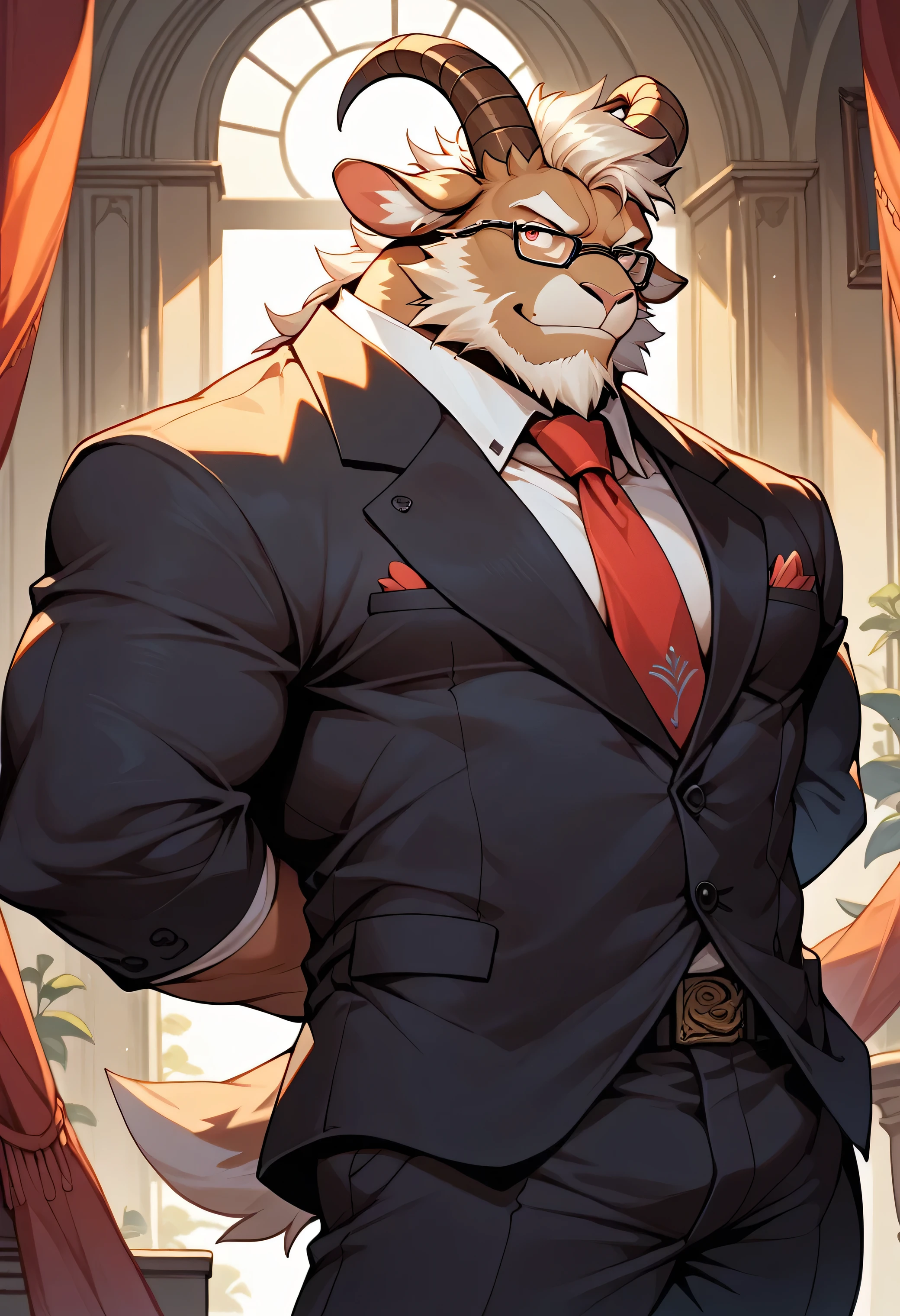Cartoon style, 2d, Furry dark brown goat, goat horn, goat ear, goat tail, White quiff, Facial hair, Beard with mustache, White beard, White mustache, Thick white eyebrows, Scarlet red eyes, Scar on nose bridge, Fat muscular man, Fat, Muscular, Dad bod, Single, Focus on upper body, Suit, Tie, Glasses, Arms behind back, Looking straight ahead, Playful look, Mischievous smile, Staring forward, Bara, Best Quality, Good Quality