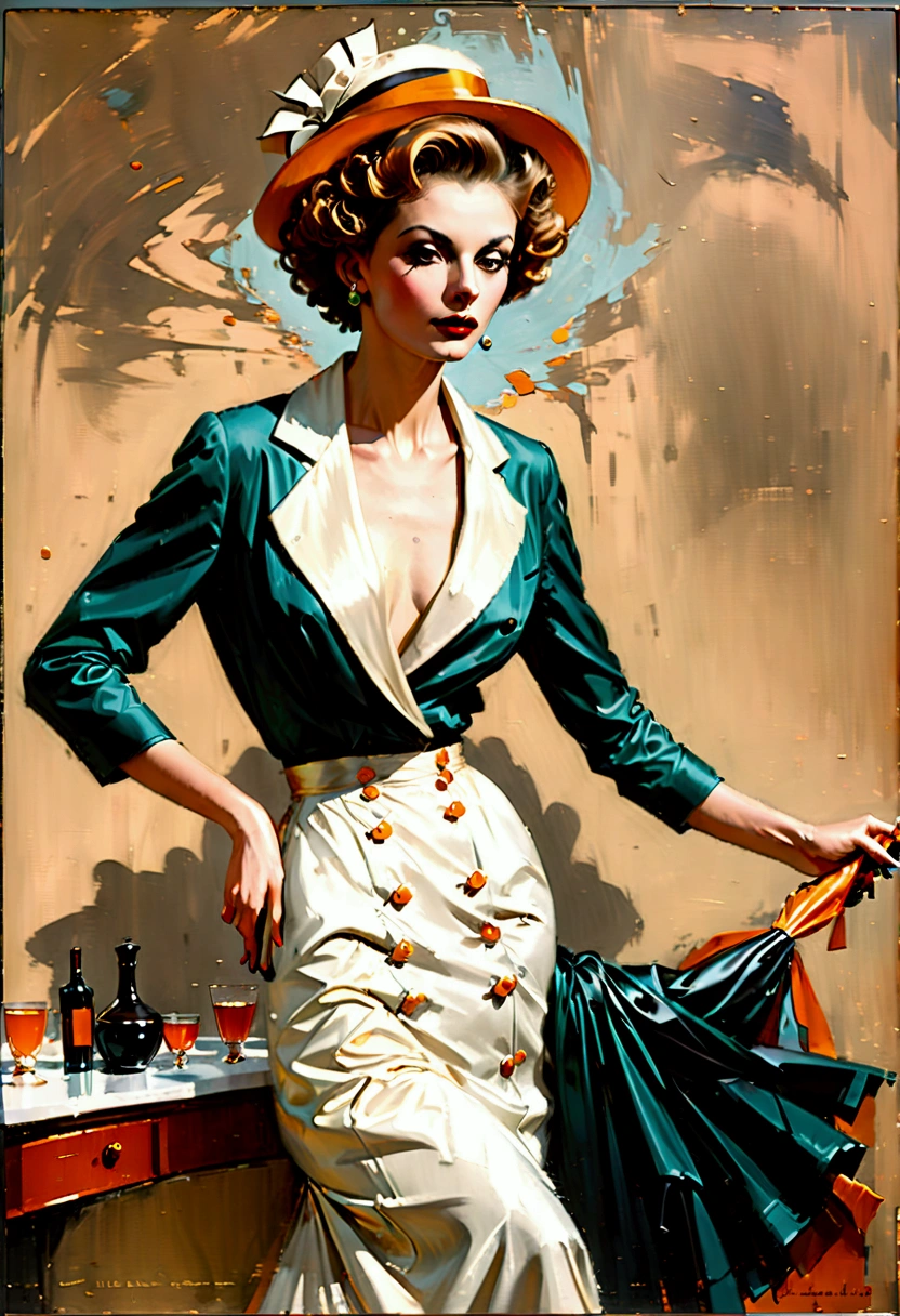 Heavy oil painting ,  in the 1980s，grace，Sensibility，Vintage beauty，thin：1.3、Small：1.3、Short hair with unique hairstyles ，weird, Dressed in flowing , Dynamic posture，( in the style of Lillian Bassman:1.8),Light and dark contrast techniques ，Dynamic composition,  high contrast , dramatic, refined.