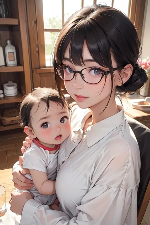 ((Best Quality)), ((傑Best Quality、masterpiece、High sensitivity、 high definition、 Detailed Description 、 Delicate Face Description)), Slender woman、Glasses、Young Mom、Milk for babies、 with a baby bottle、Let them drink 、
