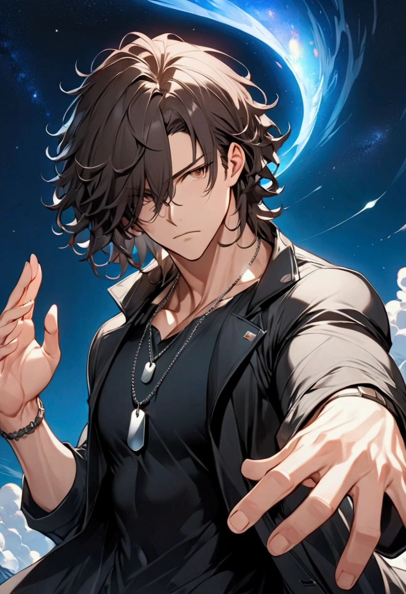 (masterpiece,  best quality:1.2), Wild medium haired young man with dark hair "Kurusu ", clothing:  wearing a black t-shirt, a black long coat, and a dog tag necklace,  upper body focus ,  Bust Up Shot,simple background with a starry sky on one side,  raising his right hand with a serious expression （Pose where the right hand is ajar and the back of the hand is turned outward and the right wrist is grabbed with the left hand）,Rin々Shi, cool design art , best quality, shape,  very detailed, fine,  high definition, 8k wallpaper, Biologically accurate depiction, real 2D digital art,psychic action hero,