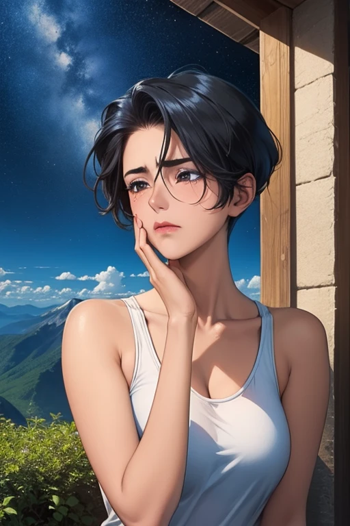 Mountain top、Under the stars、Short-haired girl facing the front and crying with a sad expression、The girl with short hair is basking in the wind with her whole body 