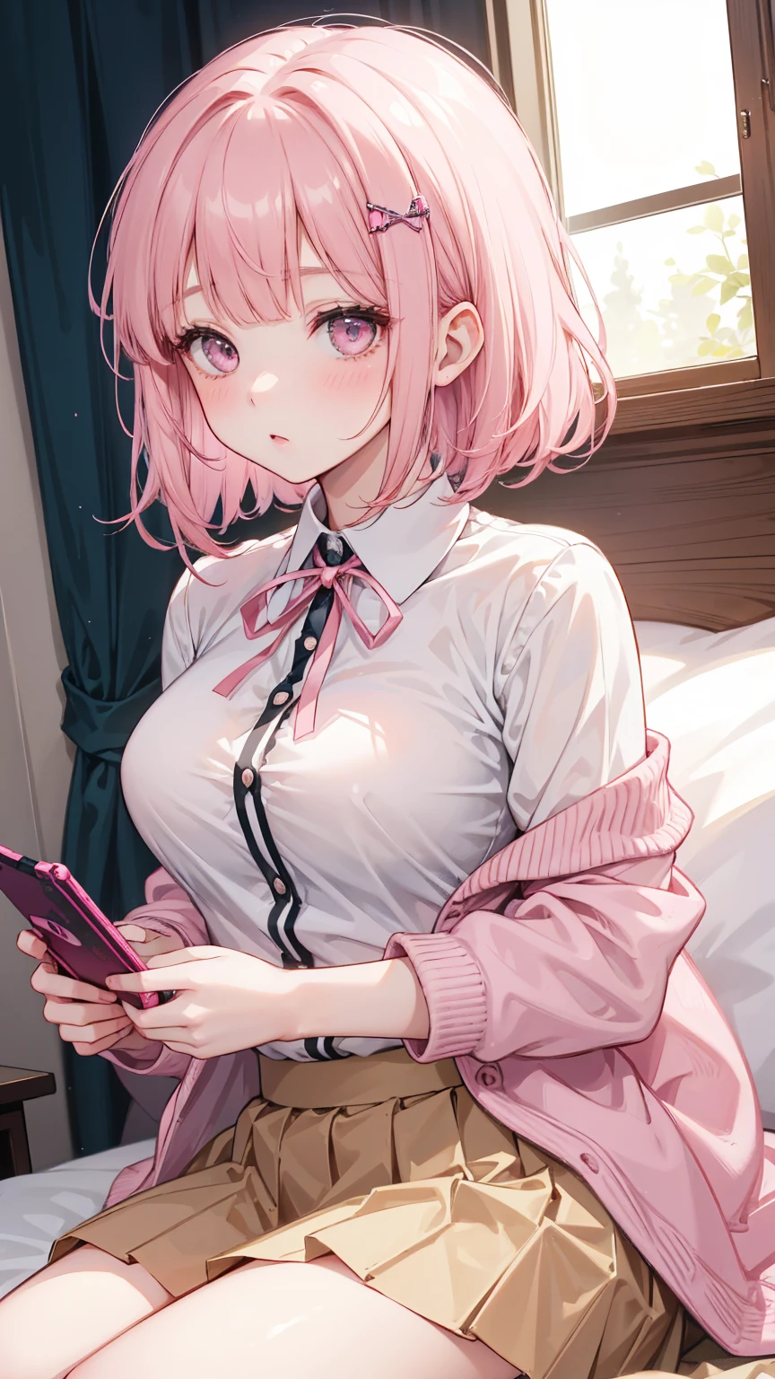 A girl lies on her back on the bed， Short pink hair with bangs ， Her bottom is a brown pleated skirt 。 She has medium length hair ，A ribbon is tied around his neck， holding a handheld game console with a controller in one hand ，Holding potato chips in the other hand。 Her open jacket reveals her white shirt tucked inside the dress 。When she looks directly at the audience， Her eyes are bright pink ， Her cheeks have a sweet blush 。 Her hair ornament is adorned with a pink ribbon ， to attract people's attention On the medium sized breasts visible above the neckline of the shirt。Tight framing ， captures her intimate posture and playful demeanor 。