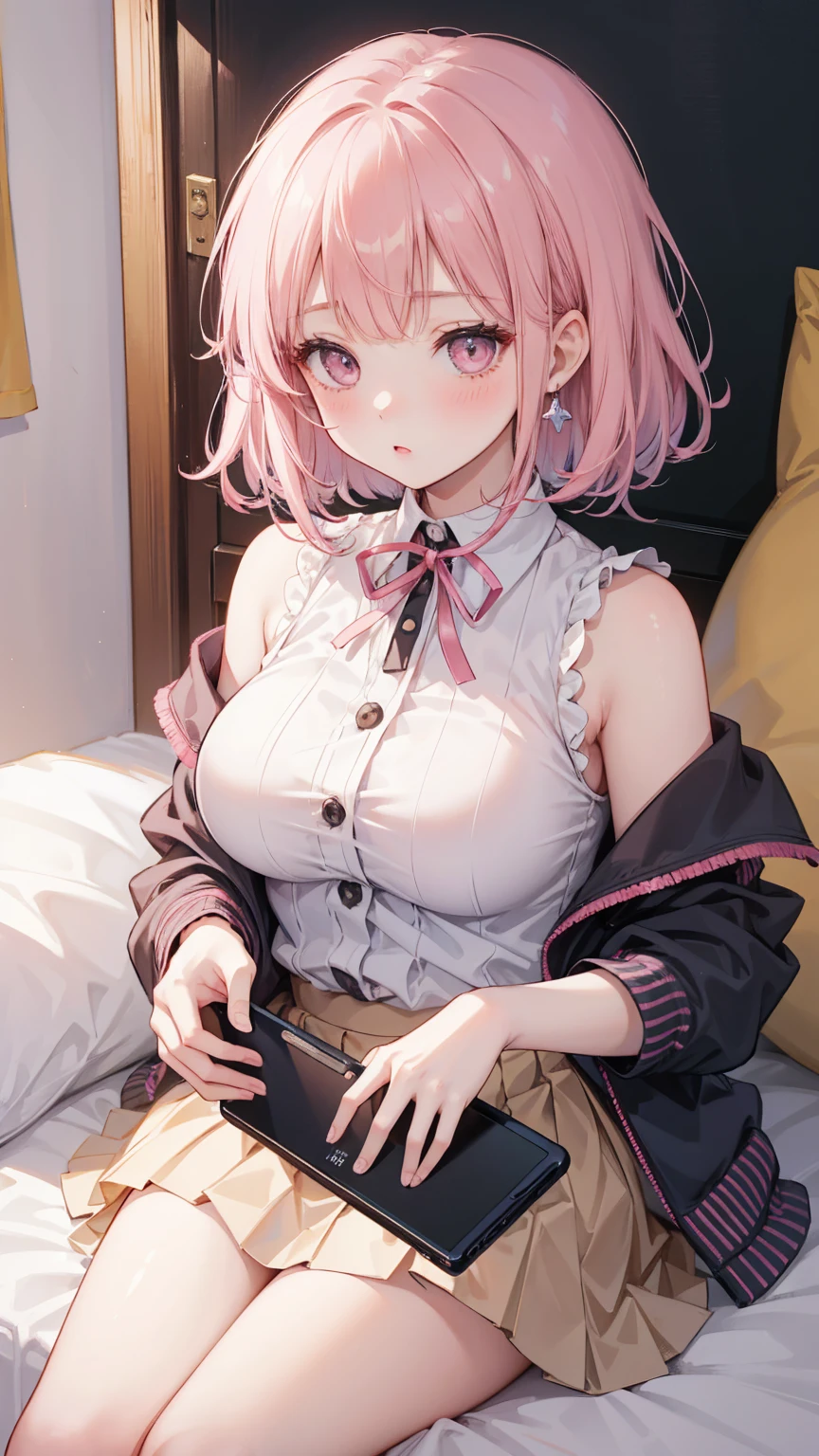 A girl lies on her back on the bed， Short pink hair with bangs ， Her bottom is a brown pleated skirt 。 She has medium length hair ，A ribbon is tied around his neck， holding a handheld game console with a controller in one hand ，Holding potato chips in the other hand。 Her open jacket reveals her white shirt tucked inside the dress 。When she looks directly at the audience， Her eyes are bright pink ， Her cheeks have a sweet blush 。 Her hair ornament is adorned with a pink ribbon ， to attract people's attention On the medium sized breasts visible above the neckline of the shirt。Tight framing ， captures her intimate posture and playful demeanor 。