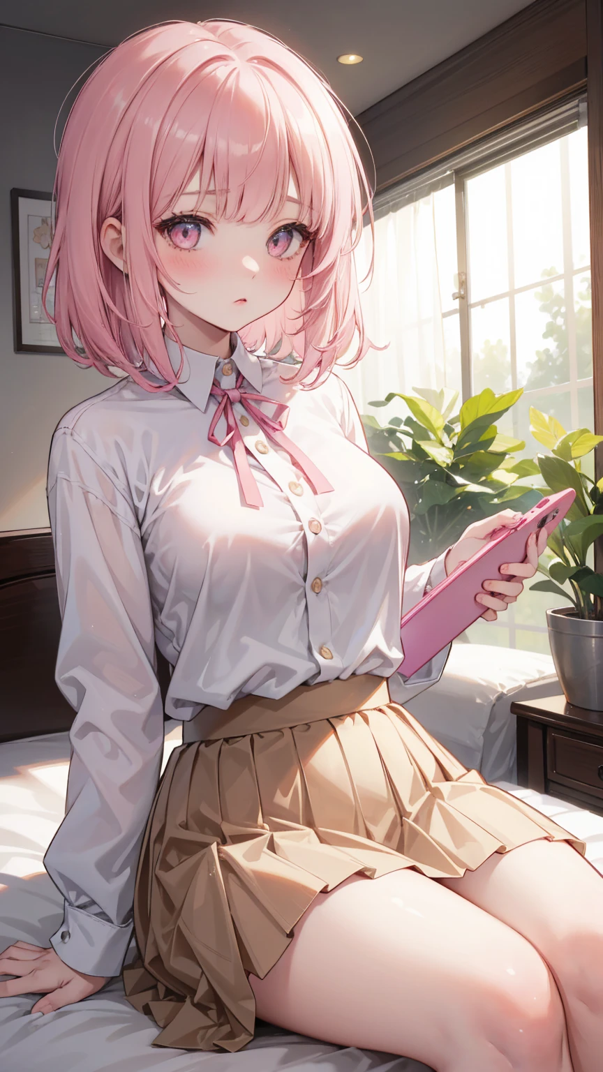 A girl lies on her back on the bed， Short pink hair with bangs ， Her bottom is a brown pleated skirt 。 She has medium length hair ，A ribbon is tied around his neck， holding a handheld game console with a controller in one hand ，Holding potato chips in the other hand。 Her open jacket reveals her white shirt tucked inside the dress 。When she looks directly at the audience， Her eyes are bright pink ， Her cheeks have a sweet blush 。 Her hair ornament is adorned with a pink ribbon ， to attract people's attention On the medium sized breasts visible above the neckline of the shirt。Tight framing ， captures her intimate posture and playful demeanor 。