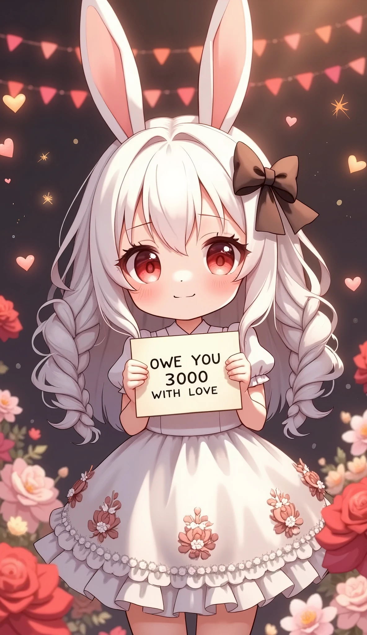 Cute anime-style chibi girl\(red eyes,white rabbit ears, wearing pretty white dress embroidered with shiny white silk, luxuriously braided long white hair, big black hair bow\) is holding out to viewer a cute love letter written “OWE YOU 3000 WITH LOVE” by cute FONT. The girl is surrounded by large multicolored realistic flowers of various kinds. many multicolored, metallic, shiny heart-shaped conffetis in the air. In the background is a cute garland. Beautiful and warm sparkles shine gently, creating a sweet and gentle mood.at party