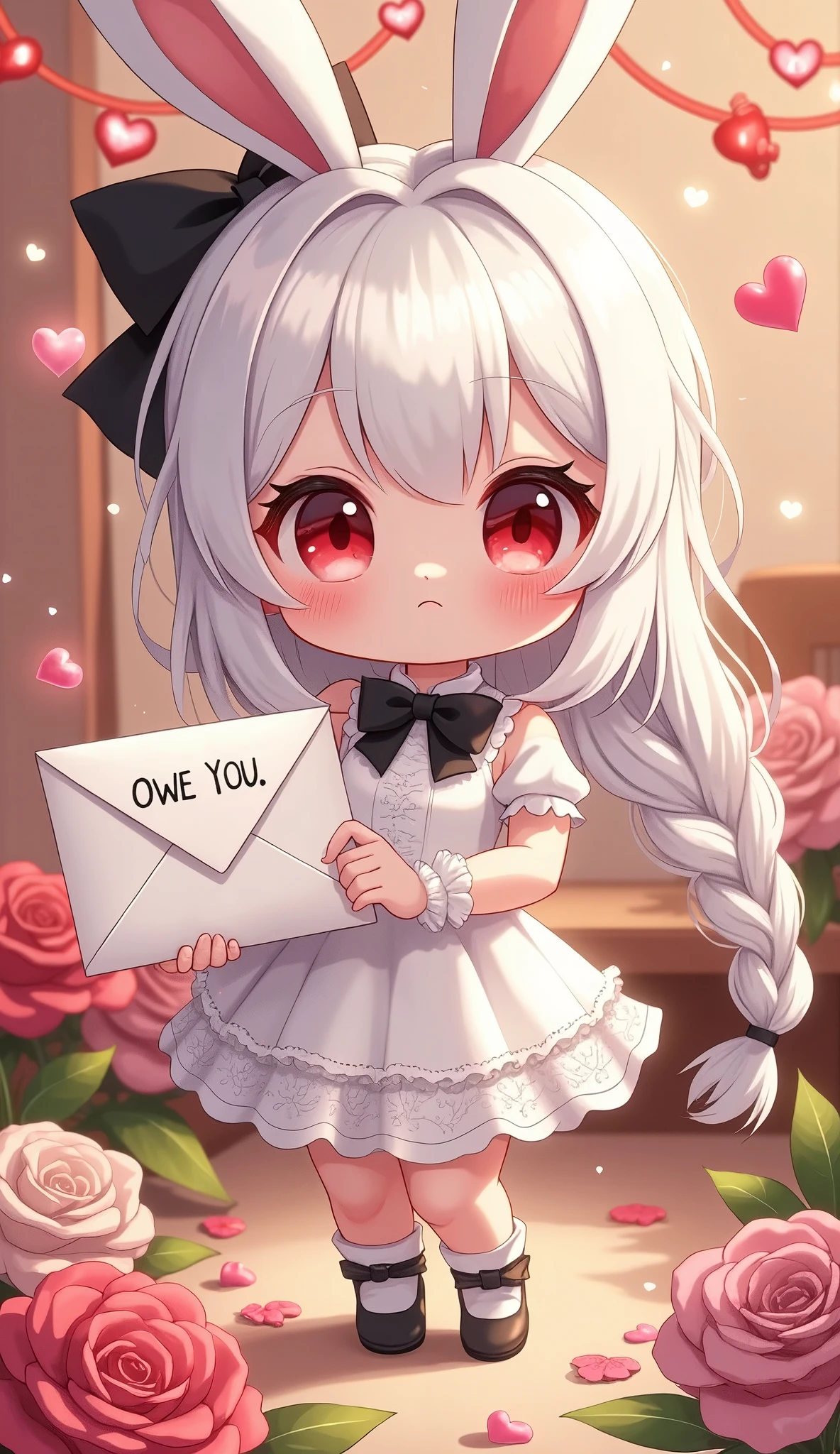 Cute anime-style chibi girl\(red eyes,white rabbit ears, wearing pretty white dress embroidered with shiny white silk, luxuriously braided long white hair, big black hair bow\) is holding out to viewer a cute envelope for love letter written “OWE YOU 3000 WITH LOVE” by cute FONT. The girl is surrounded by large multicolored realistic flowers of various kinds. many multicolored, metallic, shiny heart-shaped conffetis in the air. In the background is a cute garland. Beautiful and warm sparkles shine gently, creating a sweet and gentle mood.at party