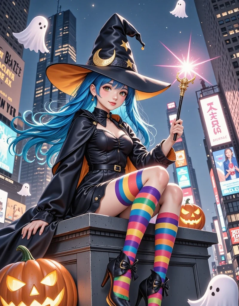 Anime style, Halloween night, a girl wearing a black cloak and a playful witch hat decorated with stars and moons, holding a glowing magic wand, colorful knee-high socks, her blue hair flowing in the wind, sitting atop a building in Times Square, New York. Surrounded by pumpkins and floating ghosts, surreal elements blend seamlessly with the modern cityscape, creating a strong visual impact and captivating attention. Looking up, smooth and detailed, octane render, ultra detailed, 8k, illustration