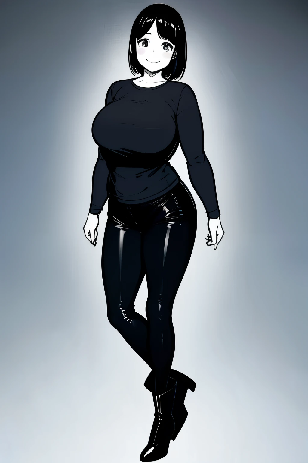 short, chubby, cute girl, black eyes, long straight black hair, shiny, smile,small breasts, white skin, full body, standing pose, black short-sleeved shirt, wide, loose black pants, fashionable black boots