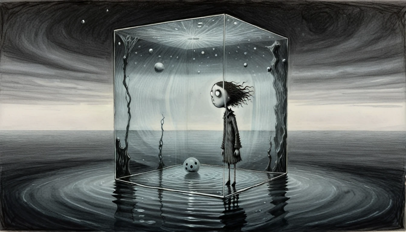 monochrome (pencil drawing). In Tim Burton's dreamlike vision, A person in a glass cube floating on a calm but dark sea. that person could only stare outside blankly.