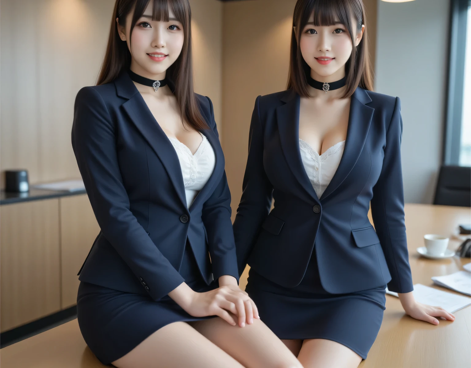 Best Quality、masterpiece、duo,(  cabin attendant,  navy blue blazer、uniform ，mini skirt),  Big Breasts, ((  layered haircut)),（8k，Best Quality),  Full Body Shot , Shooting from a medium distance, Full body image, Adorable， smile:2,  short brown hair ,  black choker,  blue eyes, bangs、very rich and long lashes、((Big Breasts)), smile，Looks happy, Meeting Room, Coffee on the desk, discussion, document