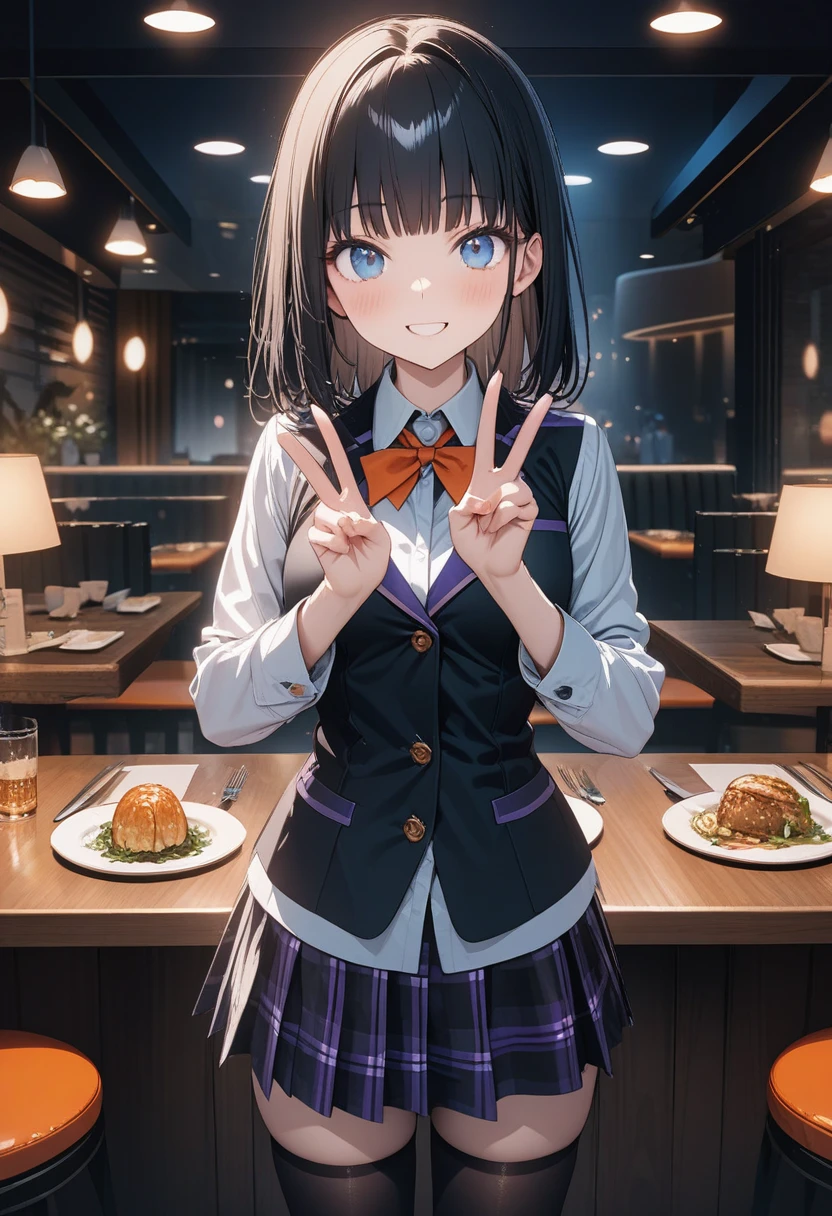 Takiuchi, Inoue Check, Long Hair, bangs, Black Hair, (Purple eyes:1.2),smile,blush,
white yシャツ, Short sleeve, Pleated skirt, socks, Collared shirt, mini skirt, Black pantyhose, (Black Skirt:1.5), Sweater vest, (blue Sweater vest:1.5),Brown loafers,Daytime,Clear skies,Walking,whole bodyがイラストに入るように, break looking at viewer, whole body,
break indoors, School corridor,
break looking at viewer, (Cowboy Shot:1.5),
break (masterpiece:1.2), highest quality, High resolution, unity 8k wallpaper, (figure:0.8), (Beautiful fine details:1.6), Highly detailed face, Perfect lighting, Highly detailed CG, (Perfect hands, Perfect Anatomy),