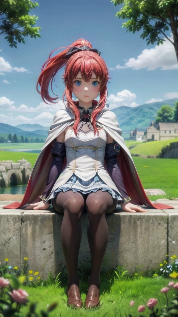 1girl, red hair, blue eyes, white cape, sword, ponytail, blue sky, sitting on stone, stunning scenery, meadow valley, flowers, ((black pantyhose)), ((detailed)), sharp, realistic, ultra quality, wallpaper, (under tree), clouds, river, falling pedals