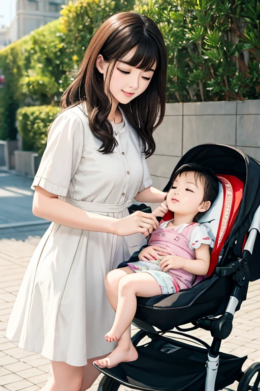 ((Best Quality)), ((傑Best Quality、masterpiece、High sensitivity、 high definition、 Detailed Description 、 Delicate Face Description)), Slender woman、 young mom in a stroller、Take a nap with your baby、