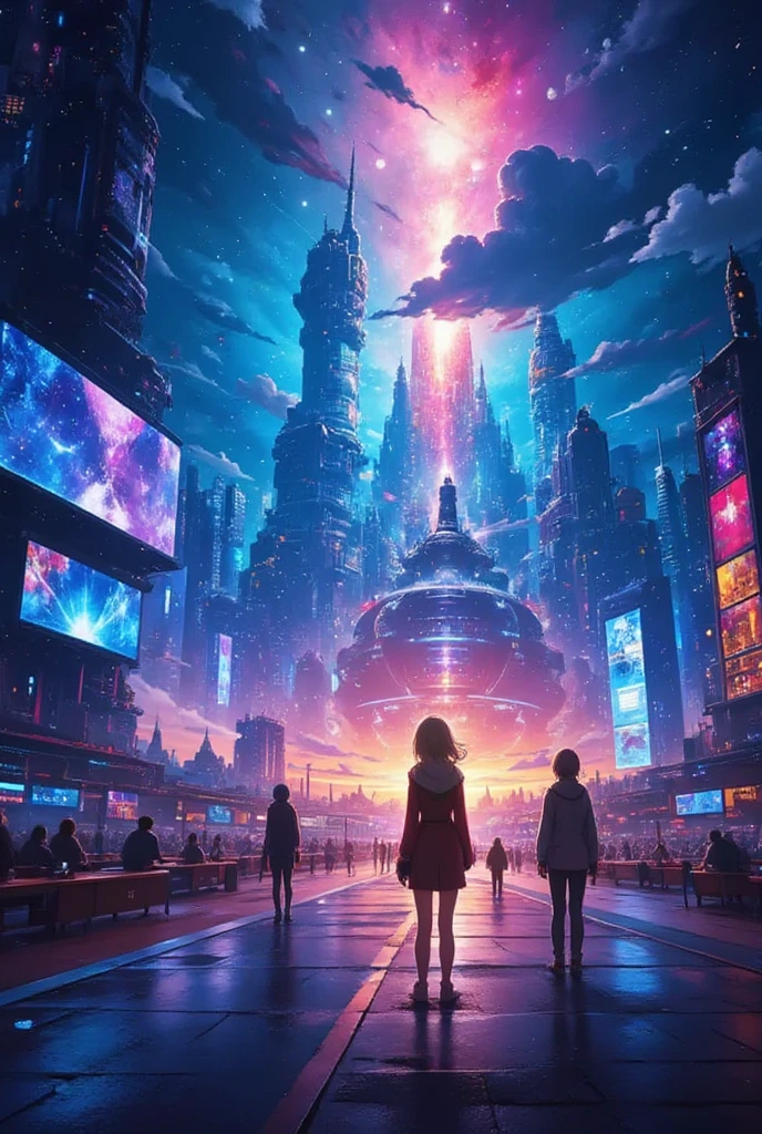 A futuristic cyber world with sprawling virtual cities, neon lights illuminating the skyline, and advanced technology integrated into everyday life. Include a graphics museum showcasing digital art and interactive exhibits, with people exploring the vibrant environment. High detail, dynamic colors, and a sense of wonder in the atmosphere.,masterpiece,best quality,ultra detailed,8k portrait,unity 8k wallpaper,super fine illustration,very detailed background,highly detailed background