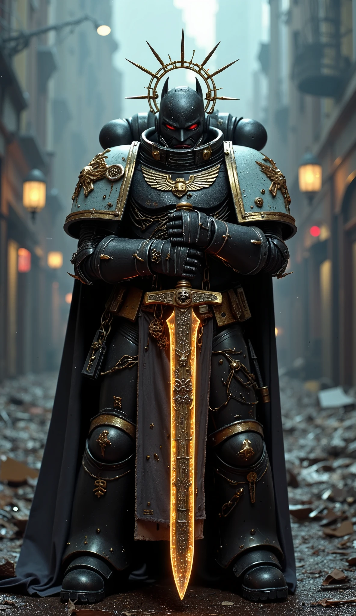 The hyper detail, armed supperhero, the astartes Batman with metallic, Strengthen Warhammer 40k space marine inspired power armor, the cloak, the face mask, golden emblem on chest, detail decoration chain sword, the metal annulus with ray behind head. standing on the street in chaos dystopian city background at dawn. His helmet is marked with runes, chain sword hangs on hand, glowing faintly with enchanted, golden runes. detail background, straight on angle shot, Full body shot, closed-up, ultra-realistic 32k resolution, official art styled digital painting, intricate armor engravings catching realistic lighting, film grain texture overlay, reversal film effect, high quality, detailed realistic background with scattered futuristic debris, shadowed craters, misty atmosphere, cinematic.